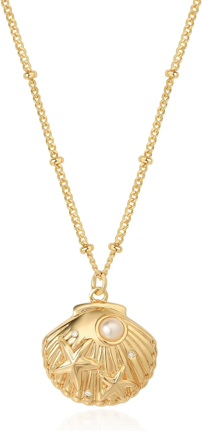 Gold Pendant Necklace for Women 14K Gold Plated Cubic Zirconia Simulated Pearl Ocean Starfish Seashell Charm Necklace Handmade Gold Jewelry Gifts