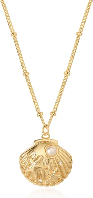Gold Pendant Necklace for Women 14K Gold Plated Cubic Zirconia Simulated Pearl Ocean Starfish Seashell Charm Necklace Handmade Gold Jewelry Gifts