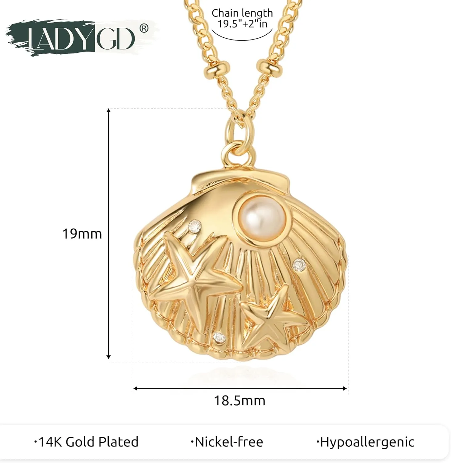 Gold Pendant Necklace for Women 14K Gold Plated Cubic Zirconia Simulated Pearl Ocean Starfish Seashell Charm Necklace Handmade Gold Jewelry Gifts