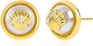 Gold Shell Pearl Stud Earrings for Women - 14K Gold Plated Starfish Seashell Earrings, Dainty Halo Round Pearl Statement Earrings, Trendy Summer Beach Party Ocean Jewelry Gift