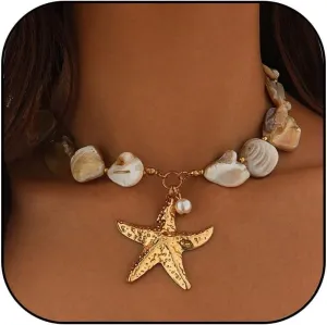 Gold Shell Starfish Necklace for Women Pearl Shell Necklace Layered Beaded Starfish Necklaces Summer Beach Surf Jewelry Gifts for Women