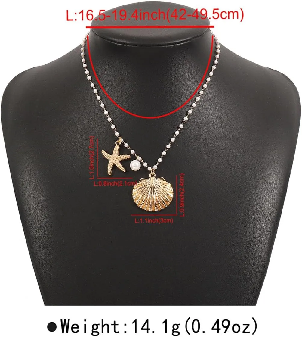 Gold Shell Starfish Necklace for Women Pearl Shell Necklace Layered Beaded Starfish Necklaces Summer Beach Surf Jewelry Gifts for Women
