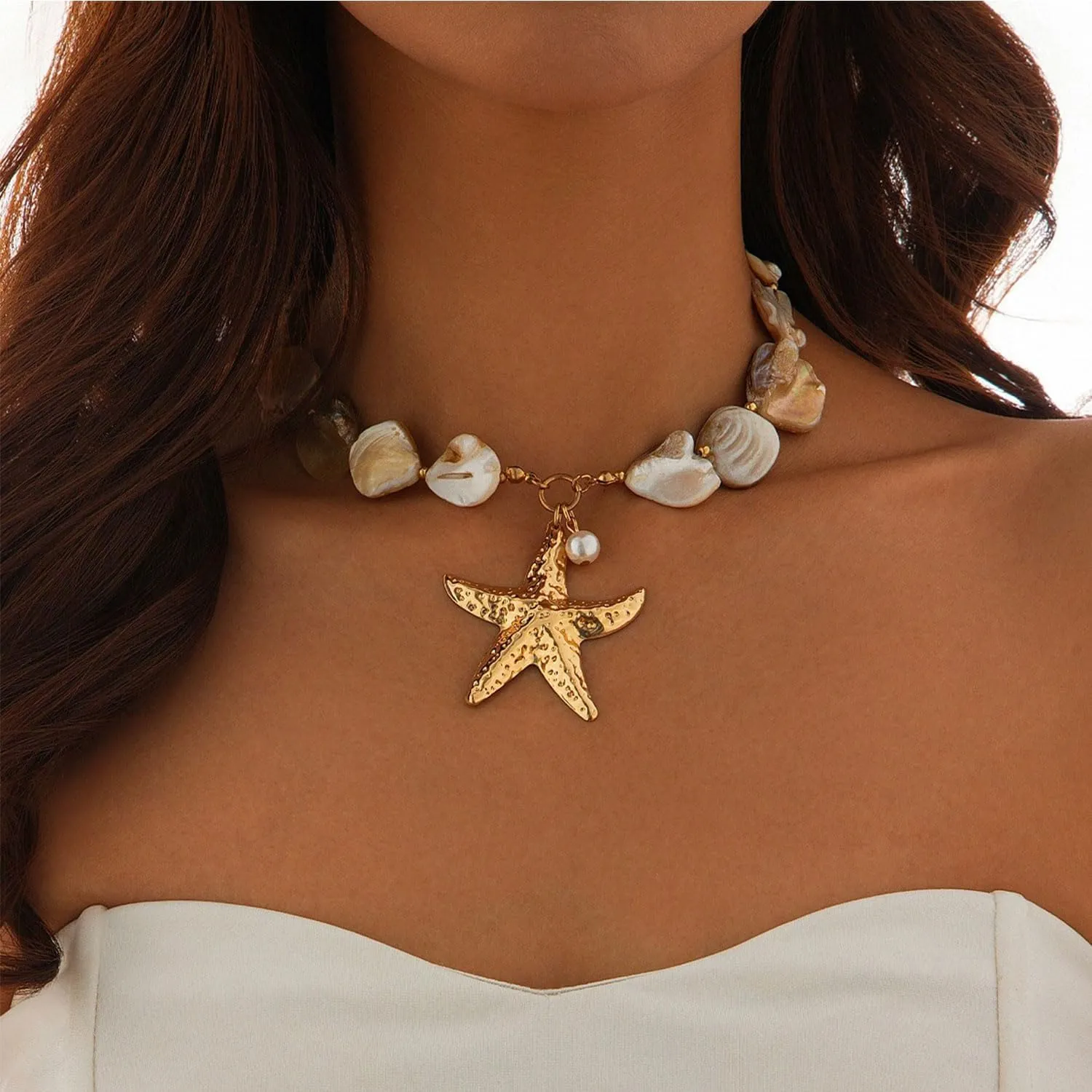 Gold Shell Starfish Necklace for Women Pearl Shell Necklace Layered Beaded Starfish Necklaces Summer Beach Surf Jewelry Gifts for Women