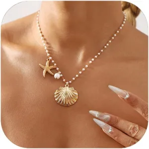 Gold Shell Starfish Necklace for Women Pearl Shell Necklace Layered Beaded Starfish Necklaces Summer Beach Surf Jewelry Gifts for Women