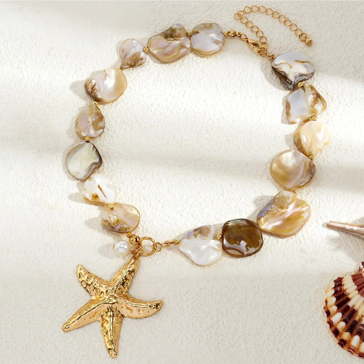 Gold Shell Starfish Necklace for Women Pearl Shell Necklace Layered Beaded Starfish Necklaces Summer Beach Surf Jewelry Gifts for Women