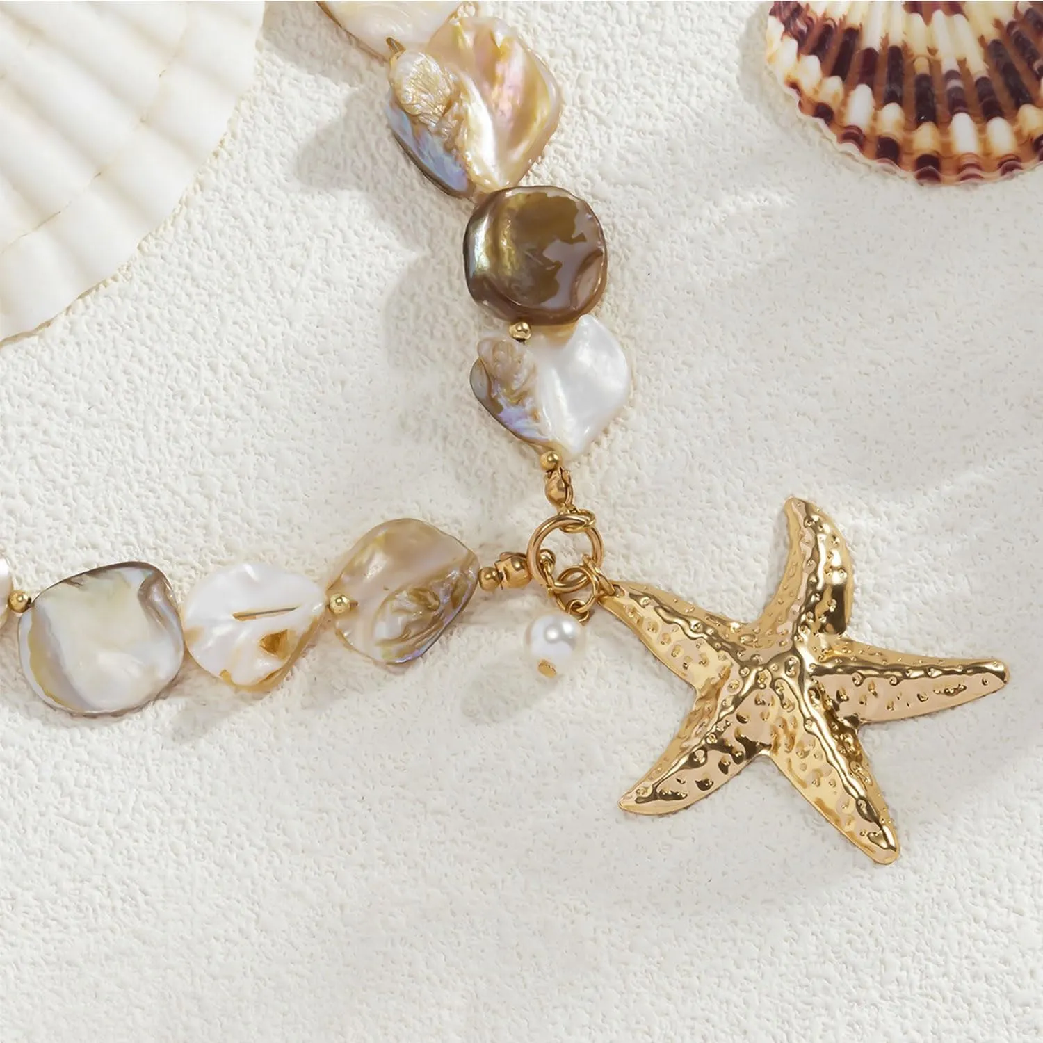 Gold Shell Starfish Necklace for Women Pearl Shell Necklace Layered Beaded Starfish Necklaces Summer Beach Surf Jewelry Gifts for Women