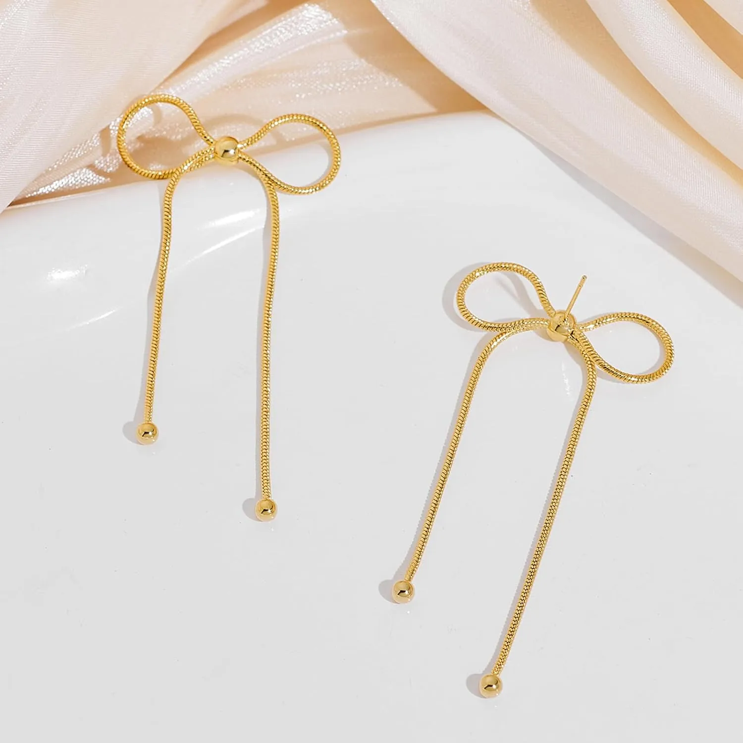 Gold Silver Bow Drop Earrings for Women Long Tassel Chain Bow Earrings Ribbon Bowknot Dangle Earrings Jewelry Gifts
