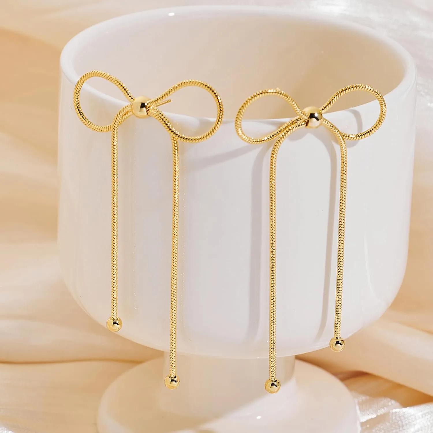 Gold Silver Bow Drop Earrings for Women Long Tassel Chain Bow Earrings Ribbon Bowknot Dangle Earrings Jewelry Gifts