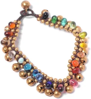 Gold Tone Brass Anklet with Bells and Rainbow Colour Glass Beads - Indian Style Beaded Ankle Bells - Feet Jewelry for Women - Multicolour Ankle Bracelet - Boho Gypsy Fashion