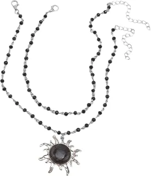 Gothic Black Sun Necklace Sets Vintage Multilevel Crystal Beaded Sun Pendant Choker for Women Punk Opal Sun Necklace Costume Party Jewelry Accessories