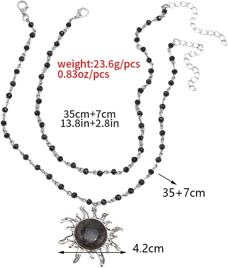 Gothic Black Sun Necklace Sets Vintage Multilevel Crystal Beaded Sun Pendant Choker for Women Punk Opal Sun Necklace Costume Party Jewelry Accessories