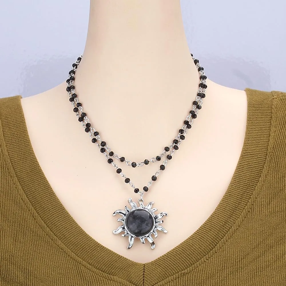 Gothic Black Sun Necklace Sets Vintage Multilevel Crystal Beaded Sun Pendant Choker for Women Punk Opal Sun Necklace Costume Party Jewelry Accessories