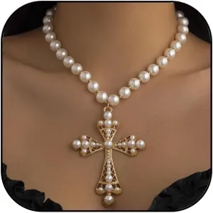 Gothic Cross Necklace for Women Chunky Cross Pendant Layered Pearl Necklaces Gothic Jewelry