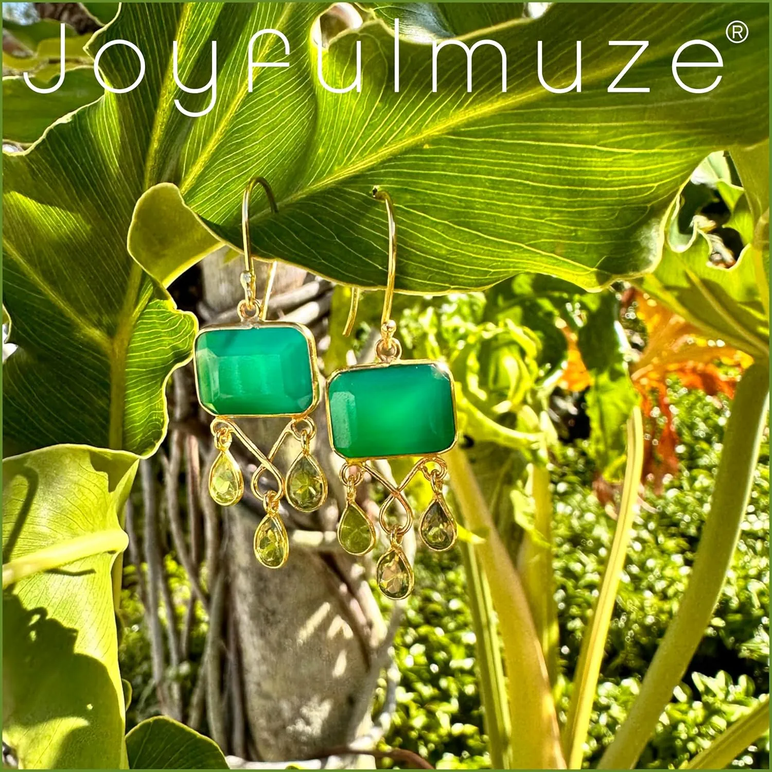 Green Peridot Onyx Plated Gold Dangle Drop Earrings, Classic and Elegant Handmade Sterling Silver Jewelry for Women and Girls, Beautiful Christmas Gift (Green Onyx Peridot-Gold)