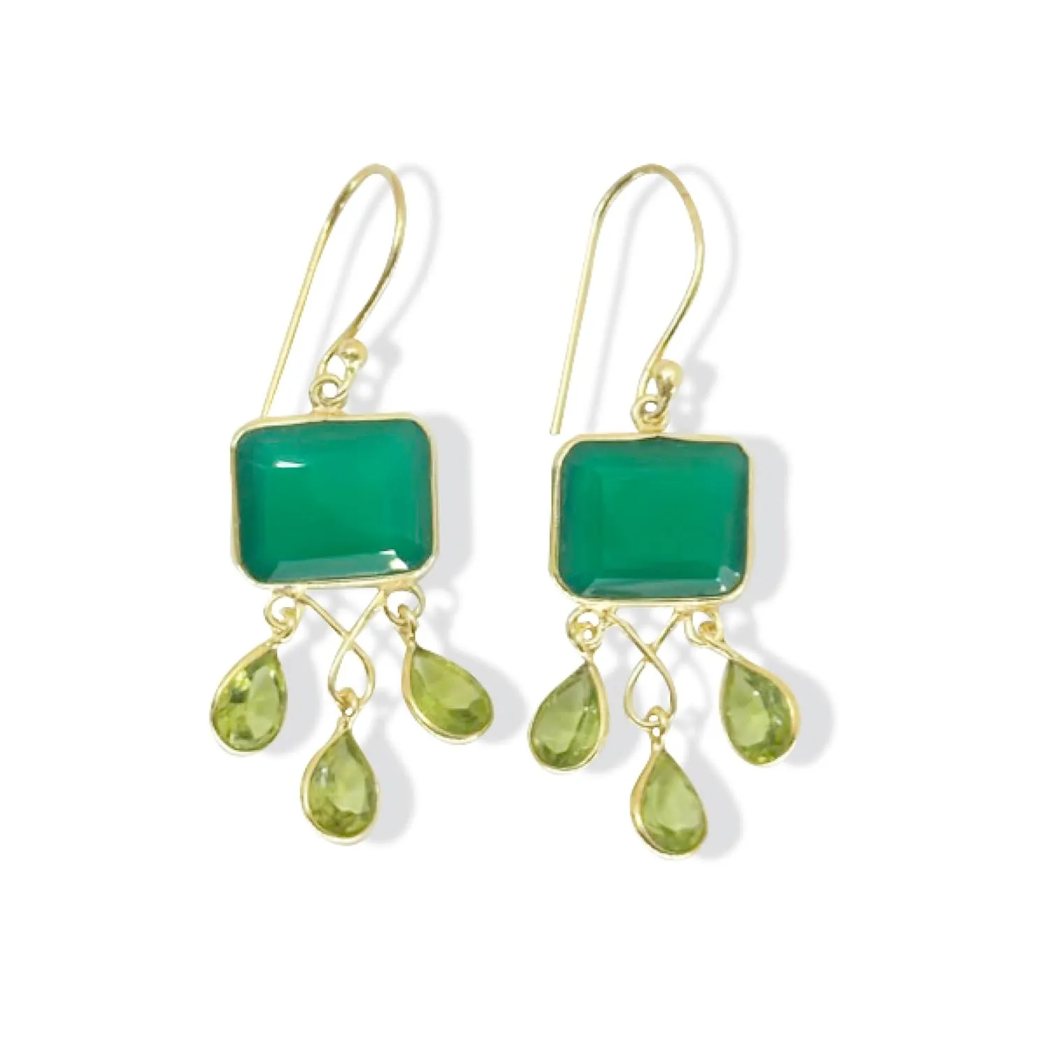 Green Peridot Onyx Plated Gold Dangle Drop Earrings, Classic and Elegant Handmade Sterling Silver Jewelry for Women and Girls, Beautiful Christmas Gift (Green Onyx Peridot-Gold)