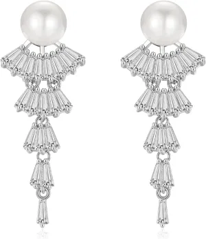 Hadskiss Bridal Earrings for Wedding, Bridal Simulated Pearl Dangle Earrings, White Gold Plated Cubic Zirconia Prom Jewelry, Allergy Free Wedding Party Jewelry for Bridesmaid