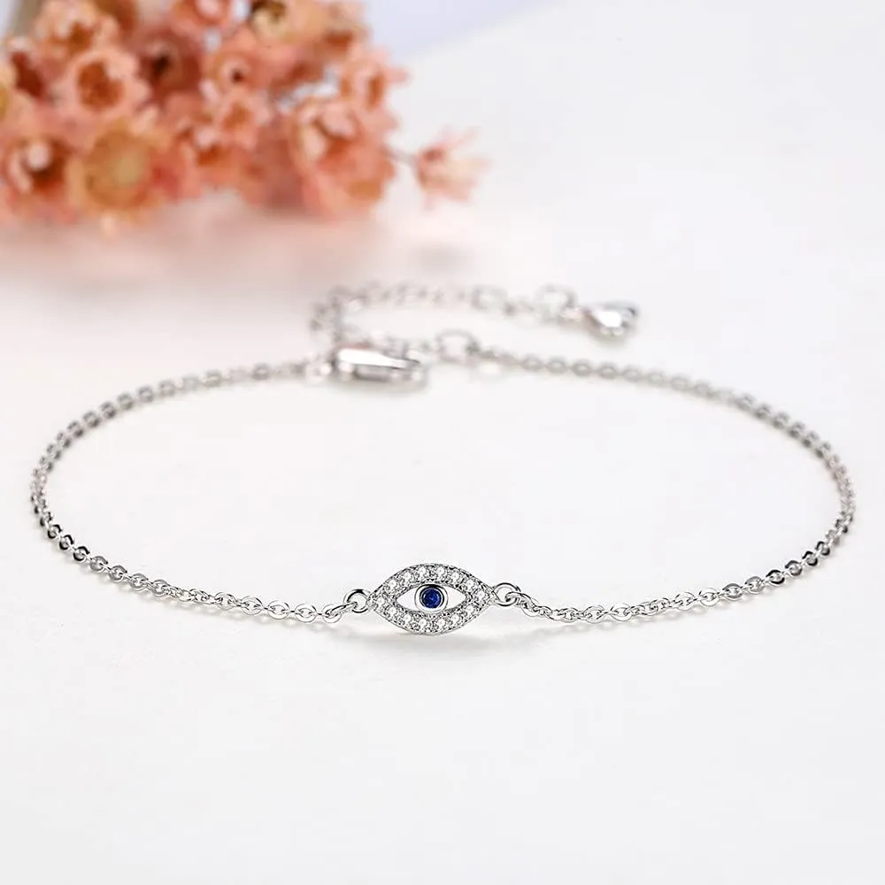 Hamsa Evil Eye Bracelet 925 Sterling Silver Cubic Zirconia Anklet for Women Chain Adjustable 6.3in 1.6in