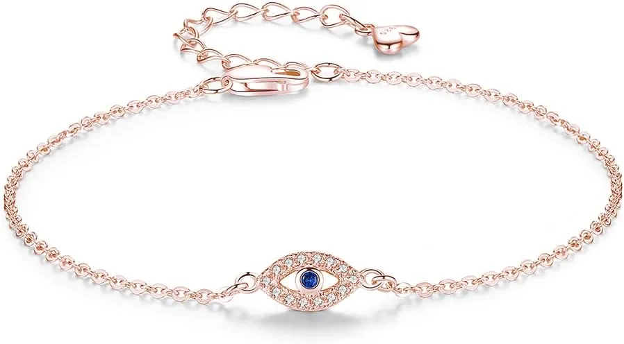 Hamsa Evil Eye Bracelet 925 Sterling Silver Cubic Zirconia Anklet for Women Chain Adjustable 6.3in 1.6in