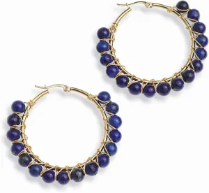 Handmade Natural Stone Beaded Large Gold Chunky Hoop Earrings for Women Girls, Statement Boho Crystal Gemstone Beads Huggie Earrings Hypoallergenic Prom Holiday Jewelry Gift