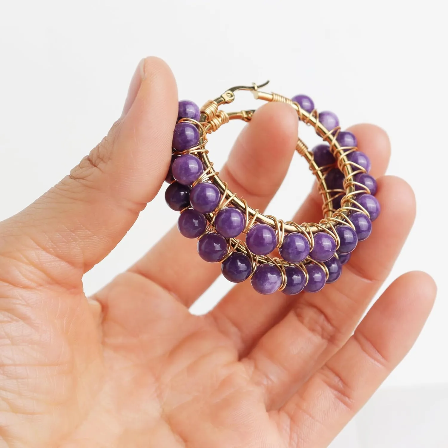 Handmade Natural Stone Beaded Large Gold Chunky Hoop Earrings for Women Girls, Statement Boho Crystal Gemstone Beads Huggie Earrings Hypoallergenic Prom Holiday Jewelry Gift