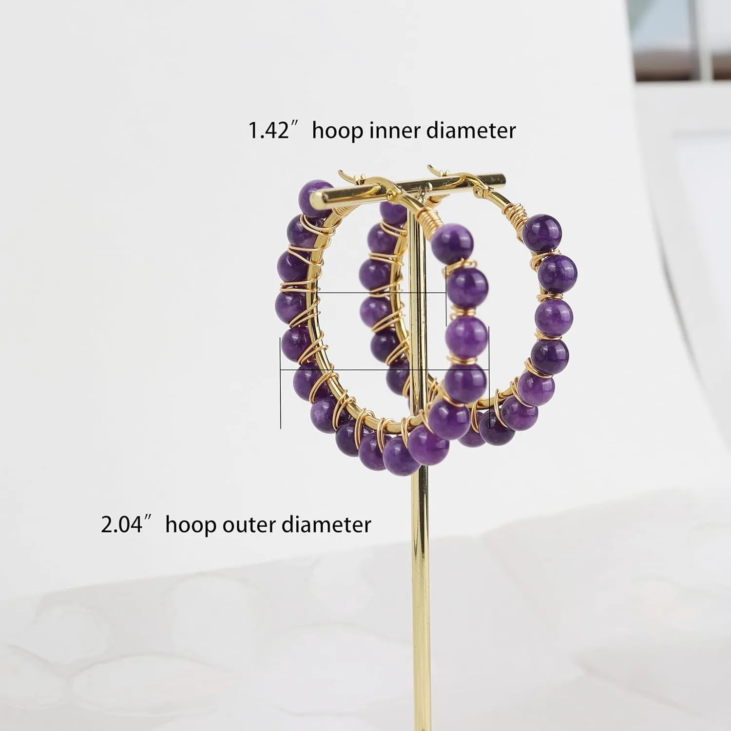 Handmade Natural Stone Beaded Large Gold Chunky Hoop Earrings for Women Girls, Statement Boho Crystal Gemstone Beads Huggie Earrings Hypoallergenic Prom Holiday Jewelry Gift