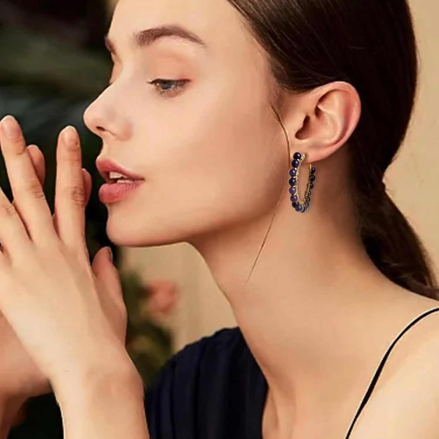 Handmade Natural Stone Beaded Large Gold Chunky Hoop Earrings for Women Girls, Statement Boho Crystal Gemstone Beads Huggie Earrings Hypoallergenic Prom Holiday Jewelry Gift