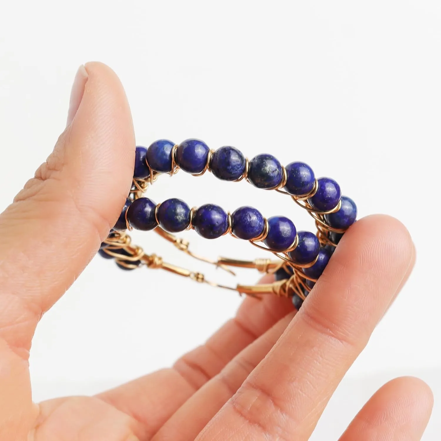 Handmade Natural Stone Beaded Large Gold Chunky Hoop Earrings for Women Girls, Statement Boho Crystal Gemstone Beads Huggie Earrings Hypoallergenic Prom Holiday Jewelry Gift
