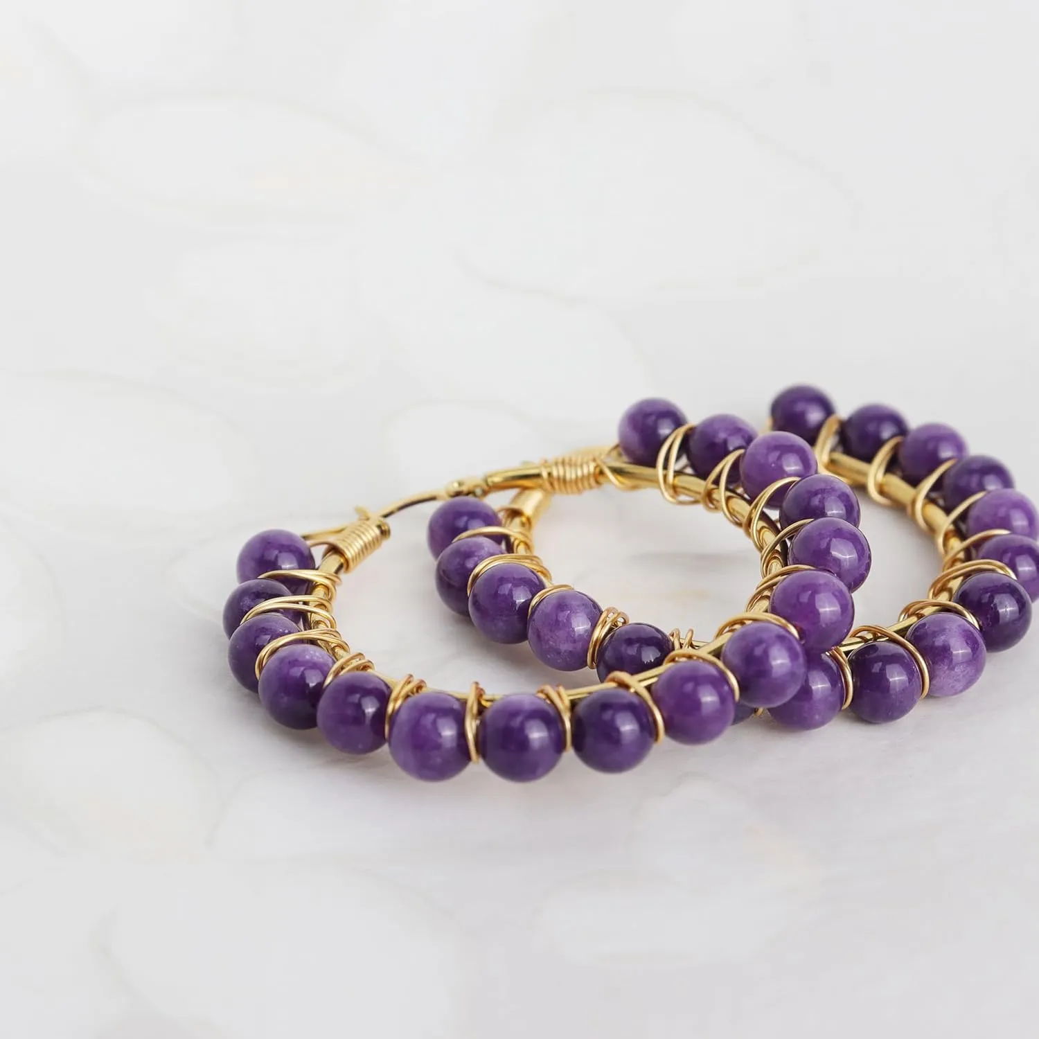 Handmade Natural Stone Beaded Large Gold Chunky Hoop Earrings for Women Girls, Statement Boho Crystal Gemstone Beads Huggie Earrings Hypoallergenic Prom Holiday Jewelry Gift