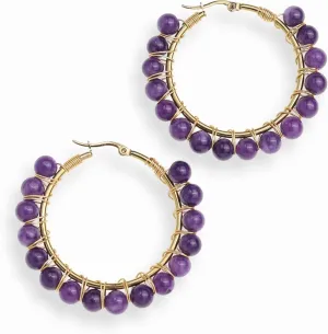 Handmade Natural Stone Beaded Large Gold Chunky Hoop Earrings for Women Girls, Statement Boho Crystal Gemstone Beads Huggie Earrings Hypoallergenic Prom Holiday Jewelry Gift