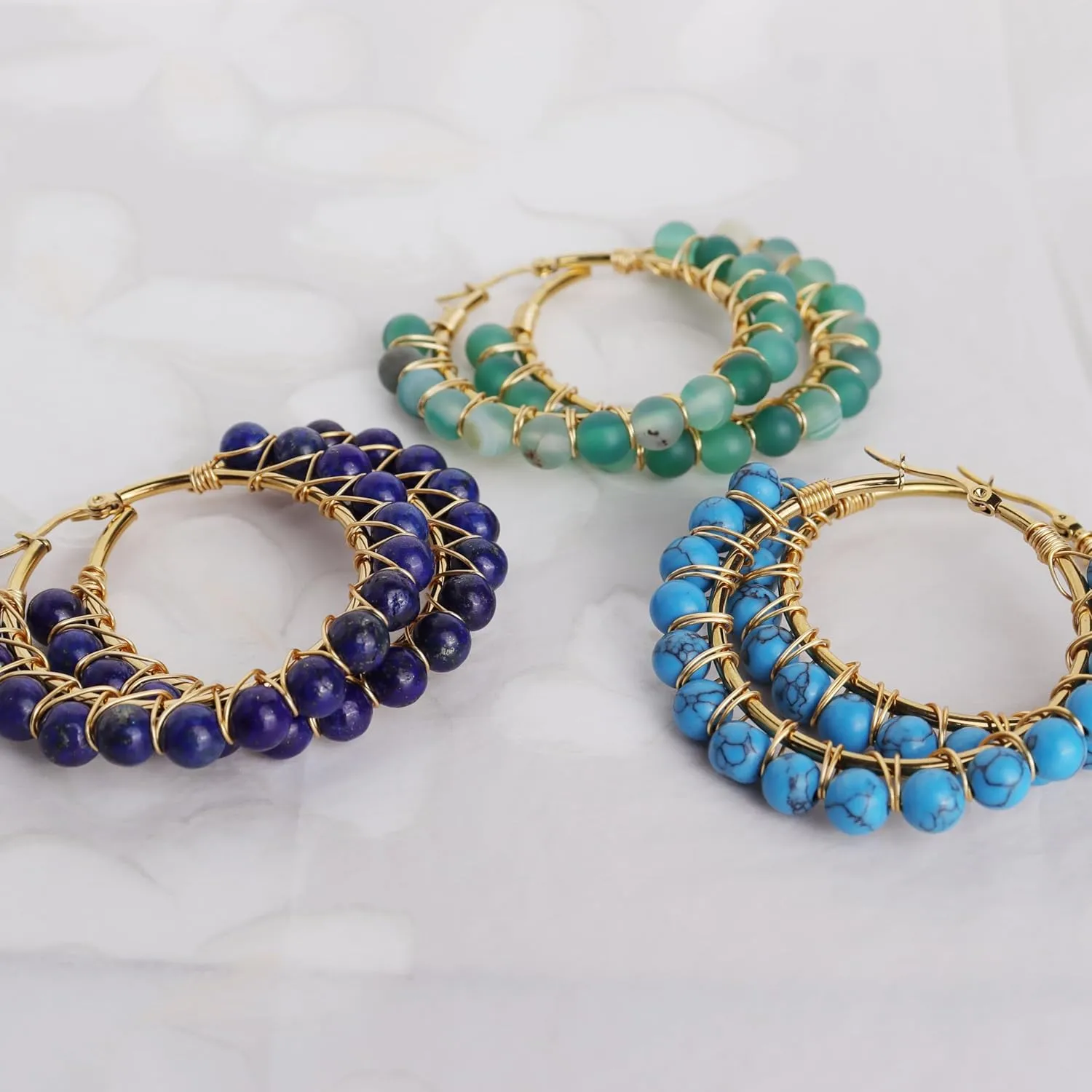 Handmade Natural Stone Beaded Large Gold Chunky Hoop Earrings for Women Girls, Statement Boho Crystal Gemstone Beads Huggie Earrings Hypoallergenic Prom Holiday Jewelry Gift