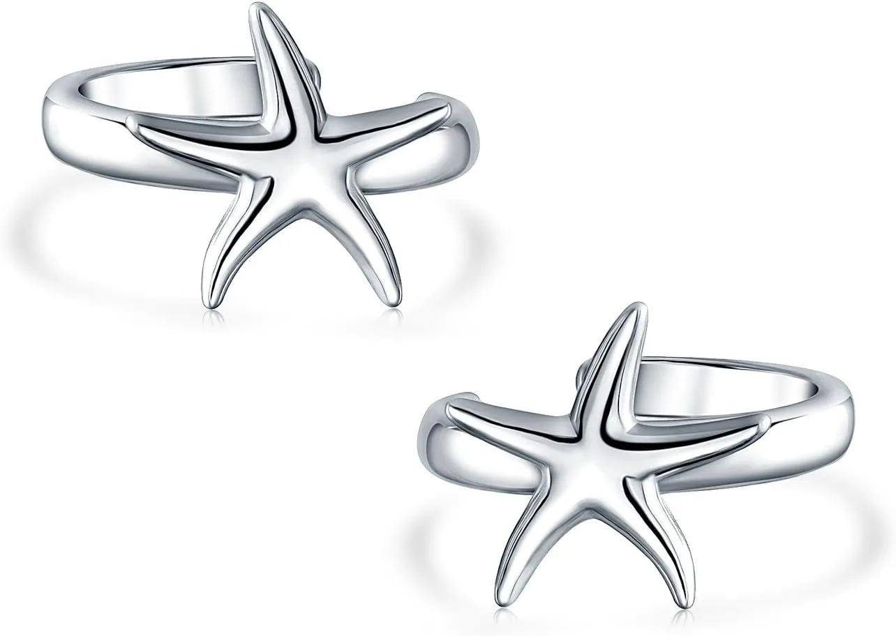 Hawaii Ocean Sea Life Tropical Beach Vacation Nautical Starfish Pendant Necklace Ear Cuff Drop Stud Earrings Jewelry Set For Women Teens .925 Sterling Silver