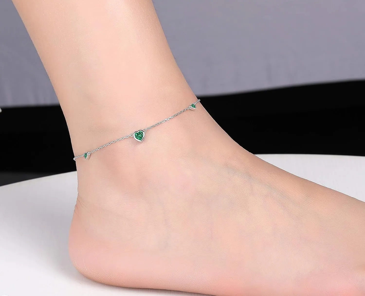 Heart Birthstone Ankle Bracelet for Women - 925 Sterling Silver Cute Anklet for Lady - Birthday Thanksgiving Day Christmas Valentine's Day Gifts Foot Jewelry
