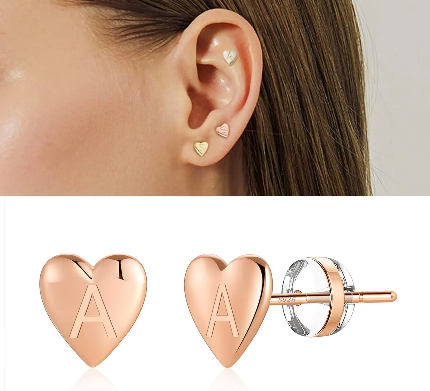 Heart Initial Stud Earrings for Girls - S925 Sterling Silver Post 14K Gold Plated Dainty Letter Earrings Hypoallergenic Little Initial Earrings for Women Girls Sensitive Girls Earrings