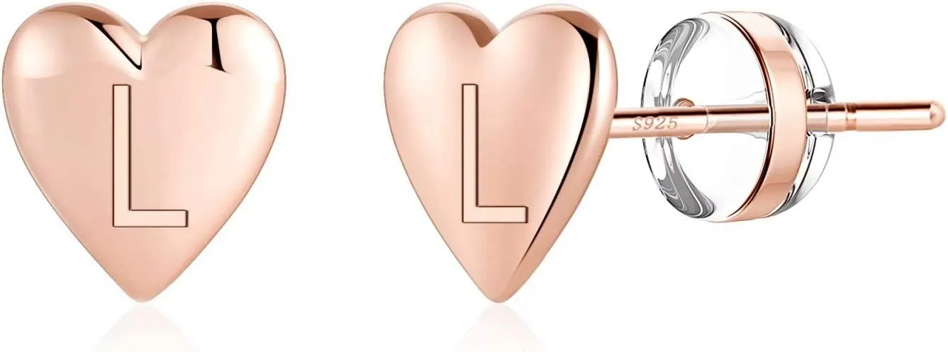 Heart Initial Stud Earrings for Girls - S925 Sterling Silver Post 14K Gold Plated Dainty Letter Earrings Hypoallergenic Little Initial Earrings for Women Girls Sensitive Girls Earrings