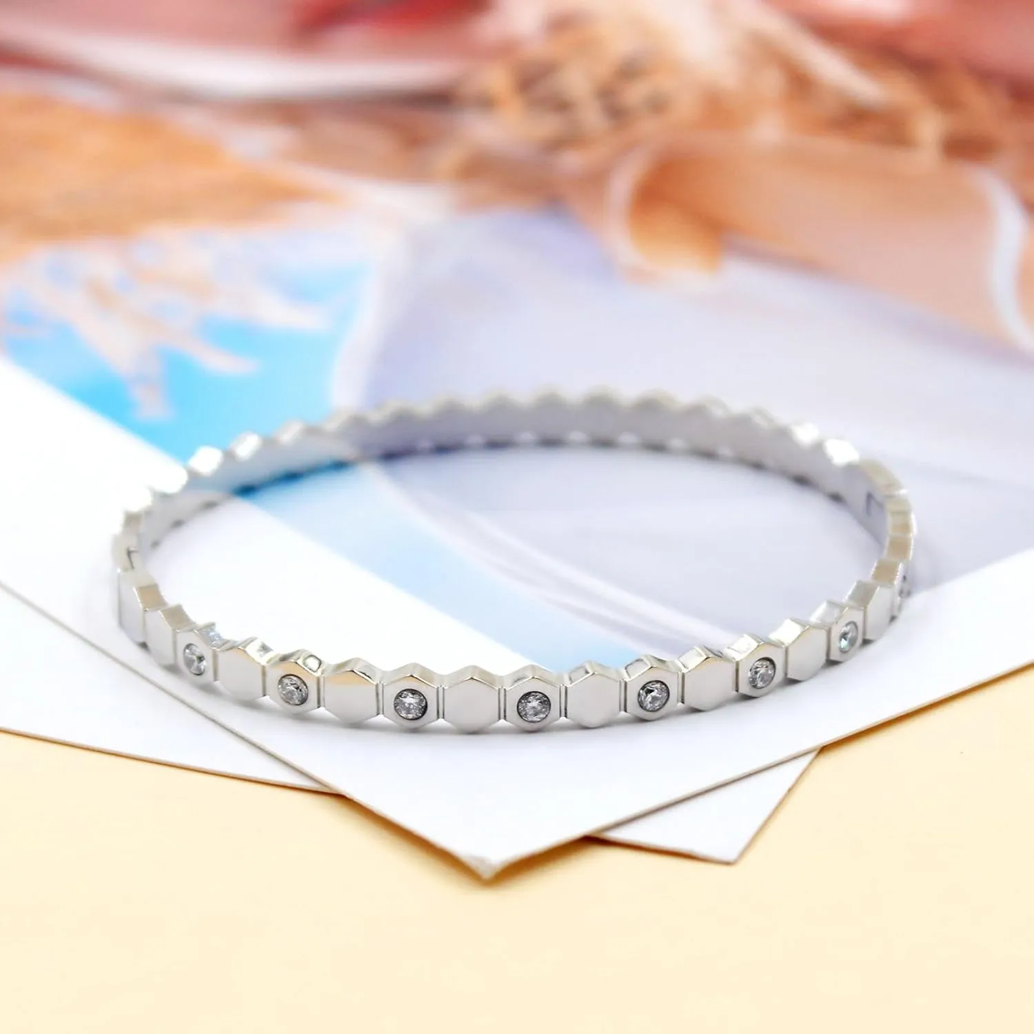 Hexagon Cuff, Geometric Stainless Steel Bangle with Inlaid Cubic Zirconia, Exquisite Bee Bracelet for Women, Birthdays or Family Gatherings