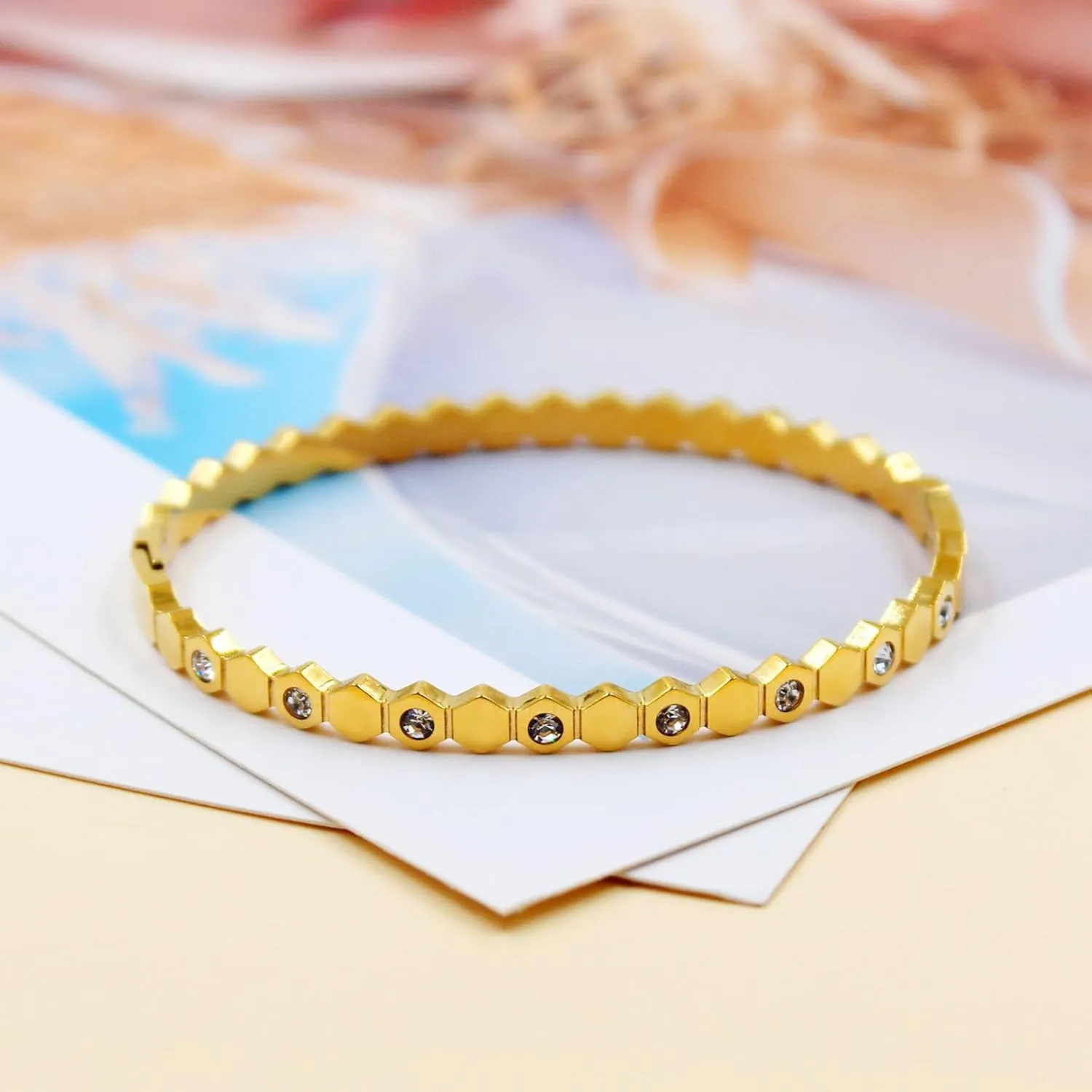 Hexagon Cuff, Geometric Stainless Steel Bangle with Inlaid Cubic Zirconia, Exquisite Bee Bracelet for Women, Birthdays or Family Gatherings