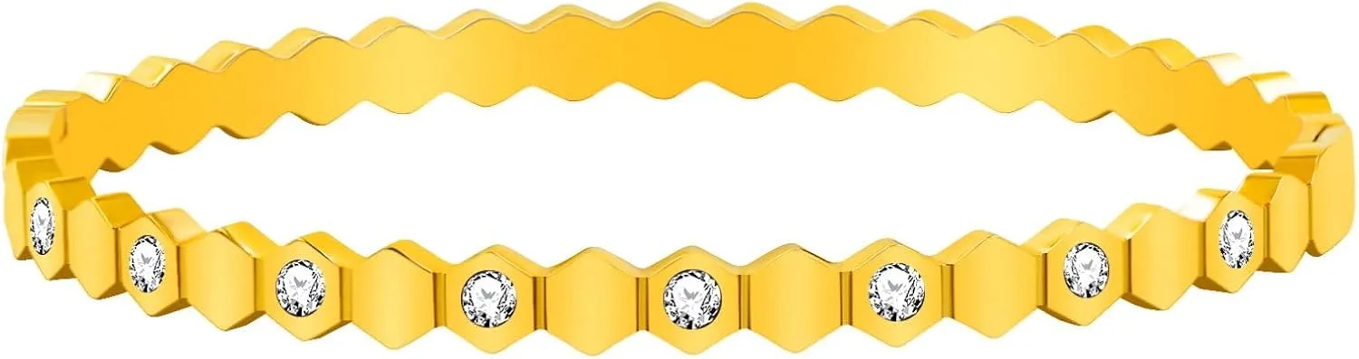 Hexagon Cuff, Geometric Stainless Steel Bangle with Inlaid Cubic Zirconia, Exquisite Bee Bracelet for Women, Birthdays or Family Gatherings