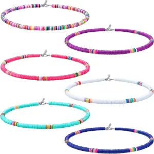 Hicarer 6 Pcs Heishi Surfer Beaded Choker Necklace for Women Colorful Boho Seed Beaded Choker Trendy Western Bohemian Necklaces jewelry for summer beach Women