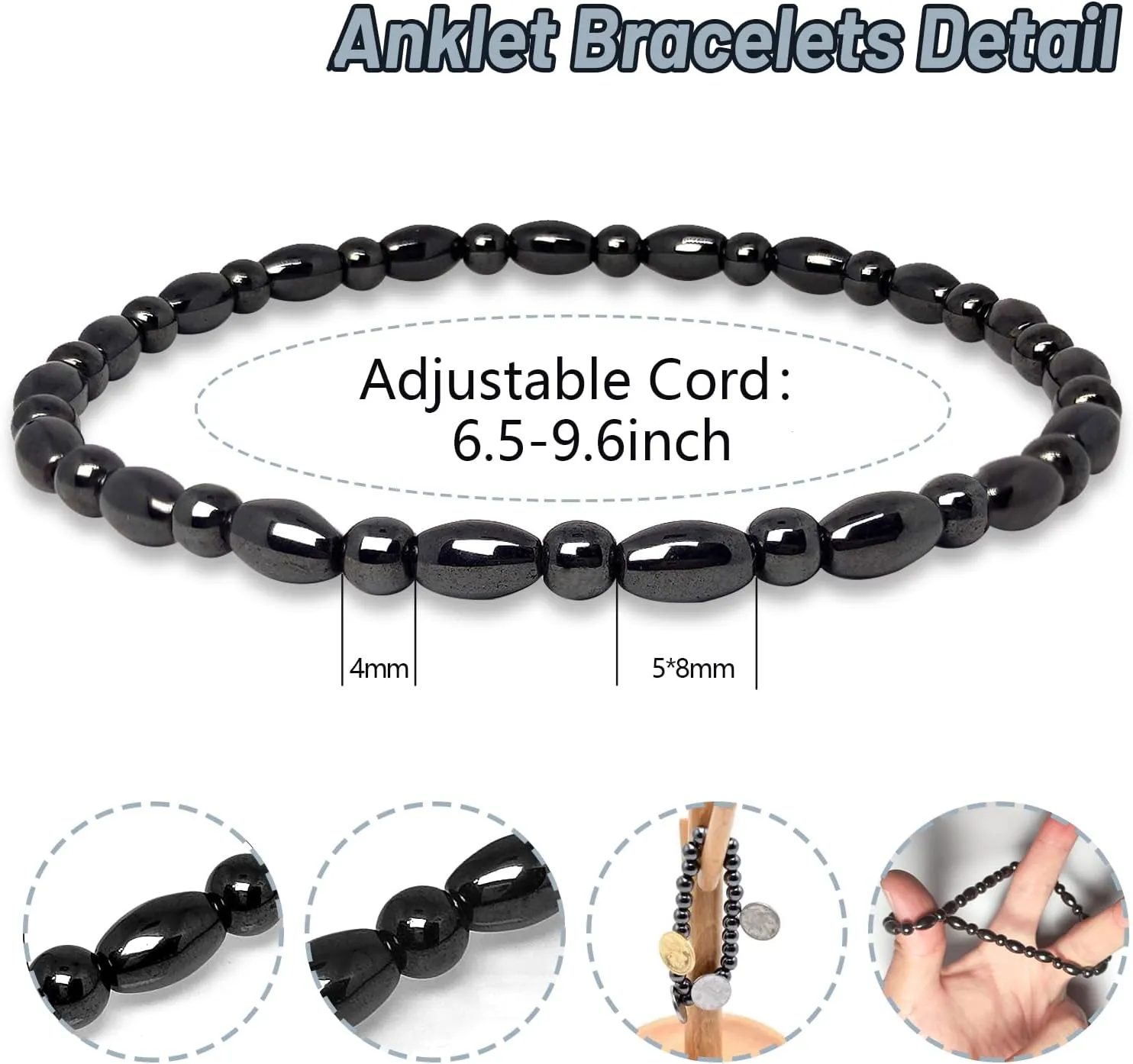 Hion 4 Pack Magnetic Therapy Anti-Swelling Black Obsidian Anklets for Women Men Black Obsidian Ankle Bracelet Hematite Therapy Bracelets Energy Healing Anklet Bracelets