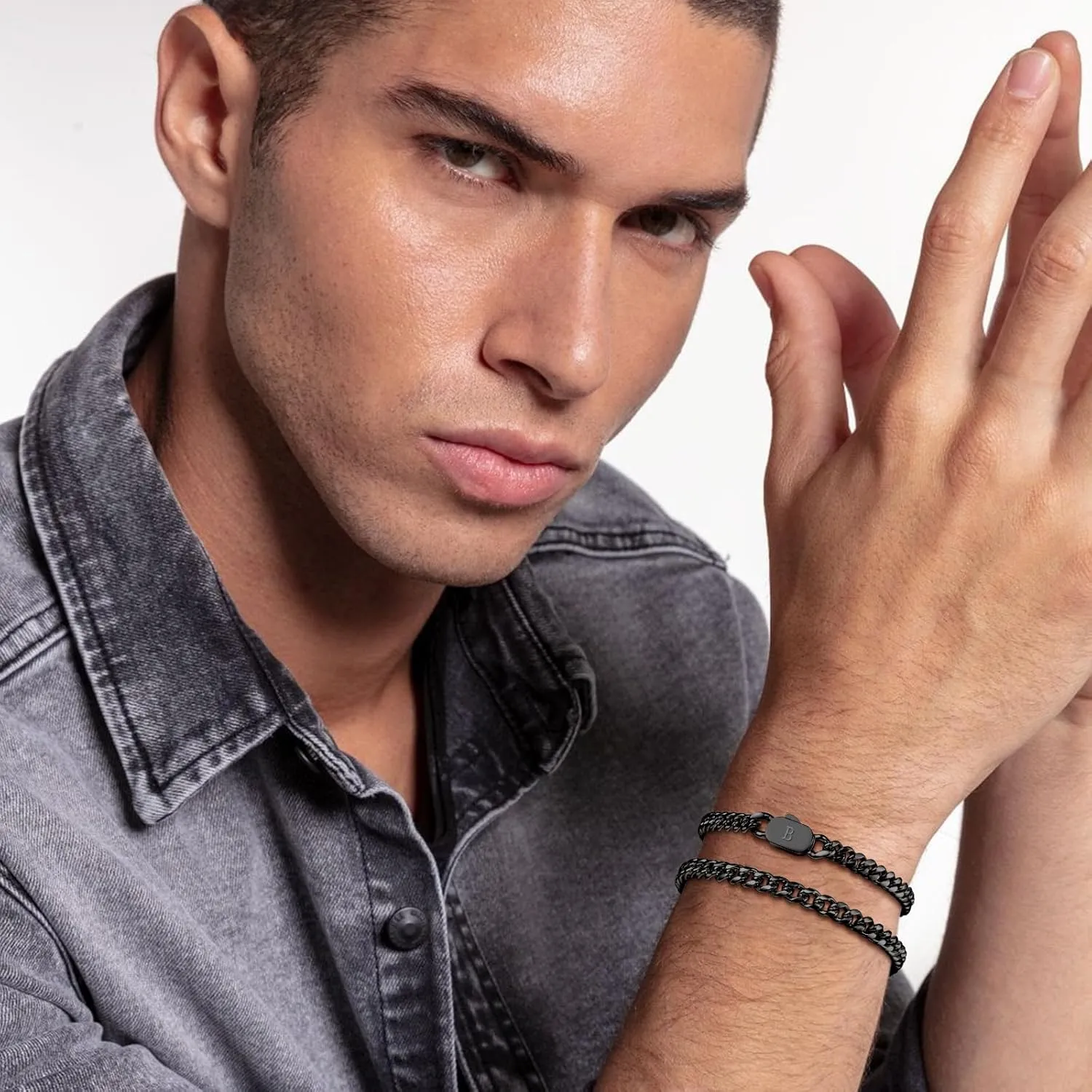 Hisatan Initial Bracelets for Men, 2 Pcs A-Z Letter Bracelet Silver Mens Bracelet with Initial, Stainless Steel Stylish Non Tarnish Cuban Link Bracelet for Men Jewelry Gifts