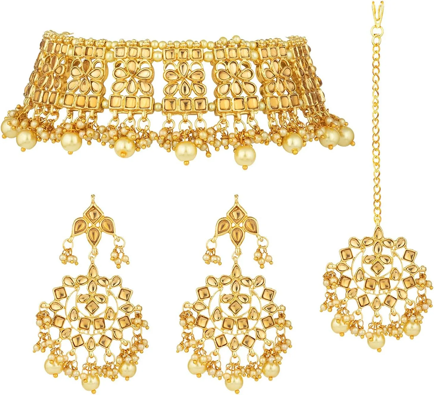 I Jewels Indian Gold Plated Traditional Kundan Choker Ethnic Bollywood Designer Jewelry Set with Earrings & Maang Tikka For Women