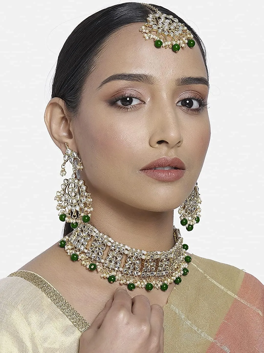I Jewels Indian Gold Plated Traditional Kundan Choker Ethnic Bollywood Designer Jewelry Set with Earrings & Maang Tikka For Women