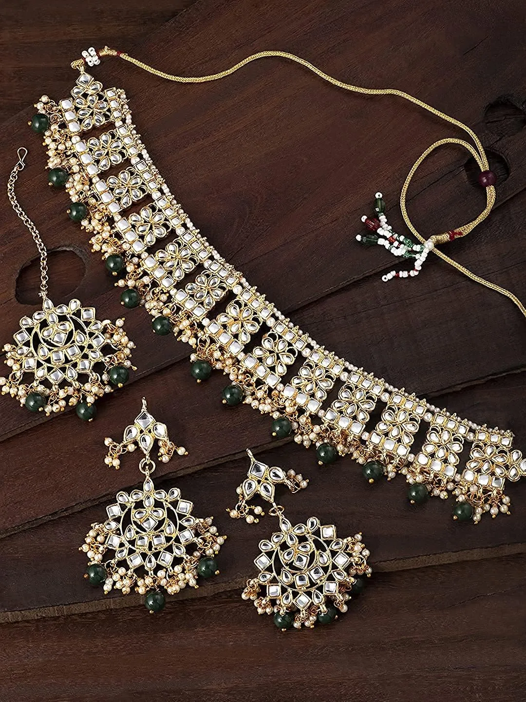 I Jewels Indian Gold Plated Traditional Kundan Choker Ethnic Bollywood Designer Jewelry Set with Earrings & Maang Tikka For Women