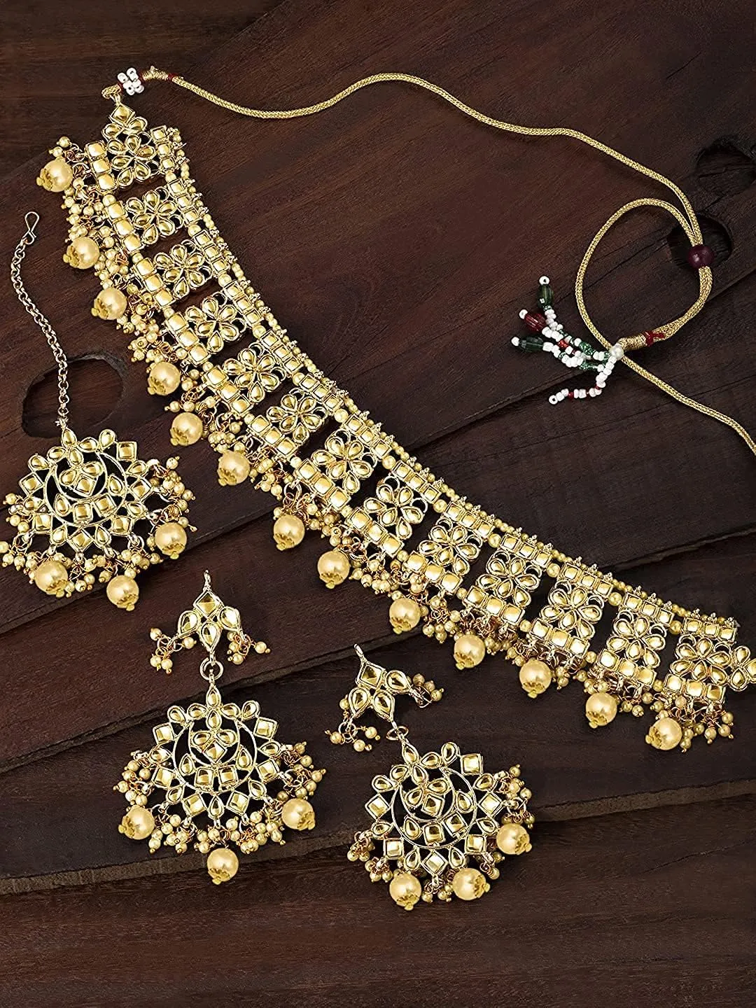 I Jewels Indian Gold Plated Traditional Kundan Choker Ethnic Bollywood Designer Jewelry Set with Earrings & Maang Tikka For Women