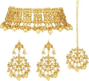 I Jewels Indian Gold Plated Traditional Kundan Choker Ethnic Bollywood Designer Jewelry Set with Earrings & Maang Tikka For Women