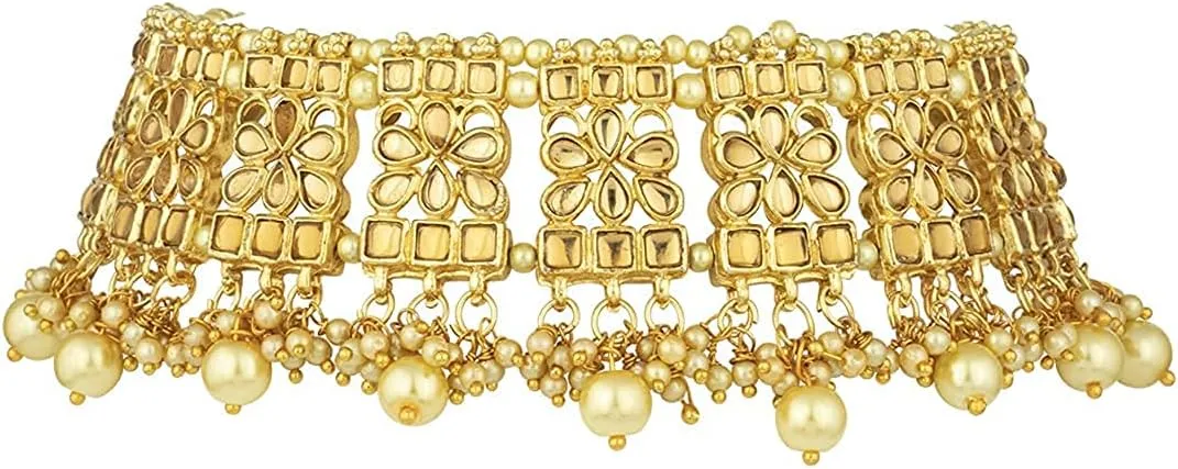 I Jewels Indian Gold Plated Traditional Kundan Choker Ethnic Bollywood Designer Jewelry Set with Earrings & Maang Tikka For Women