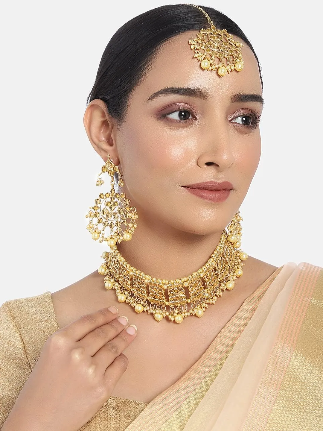 I Jewels Indian Gold Plated Traditional Kundan Choker Ethnic Bollywood Designer Jewelry Set with Earrings & Maang Tikka For Women