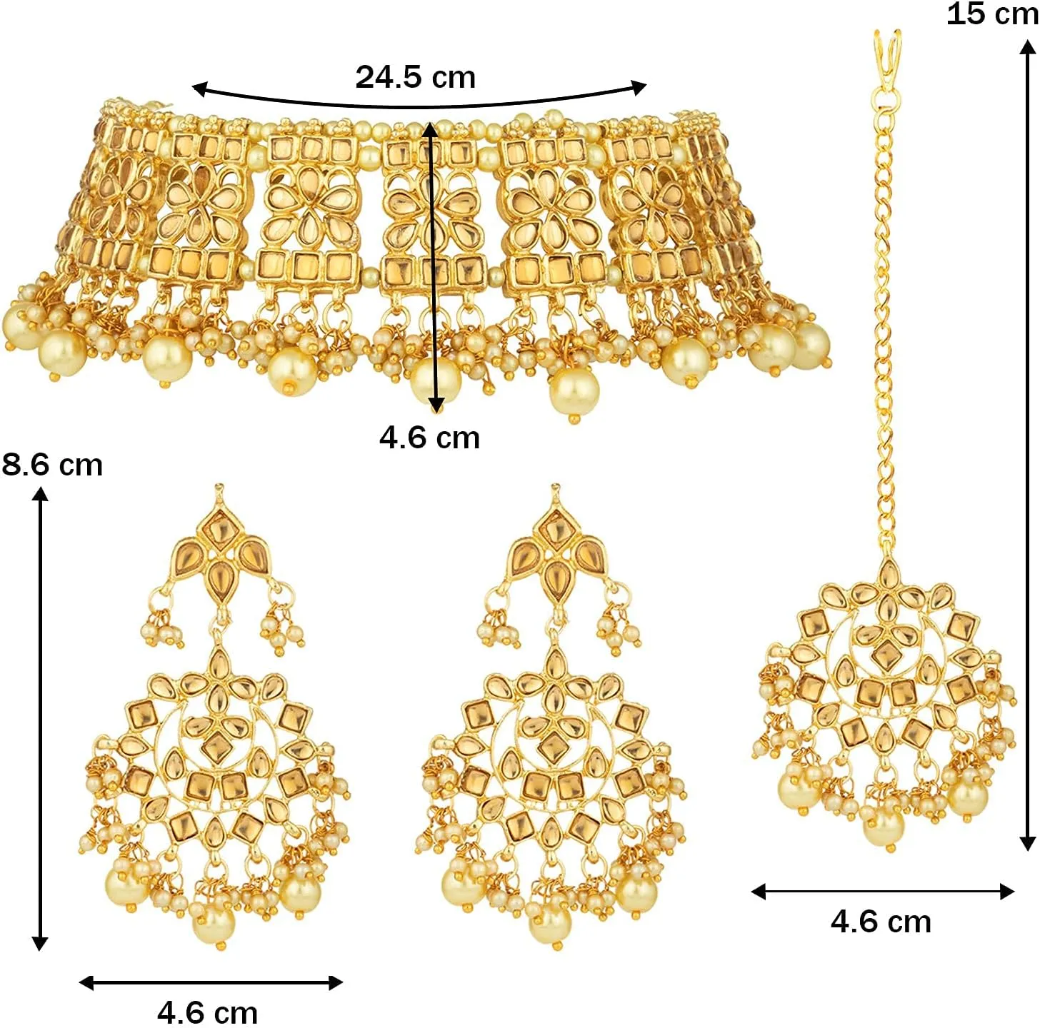 I Jewels Indian Gold Plated Traditional Kundan Choker Ethnic Bollywood Designer Jewelry Set with Earrings & Maang Tikka For Women