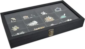 Ikee Design Elegant Wooden Jewelry Storage Tray Box with Glass Lid-12 Compartments-Ideal for Rings,Bracelets,Gems Stone and Small Accessories- Rustic Metal Clasp- Black Color