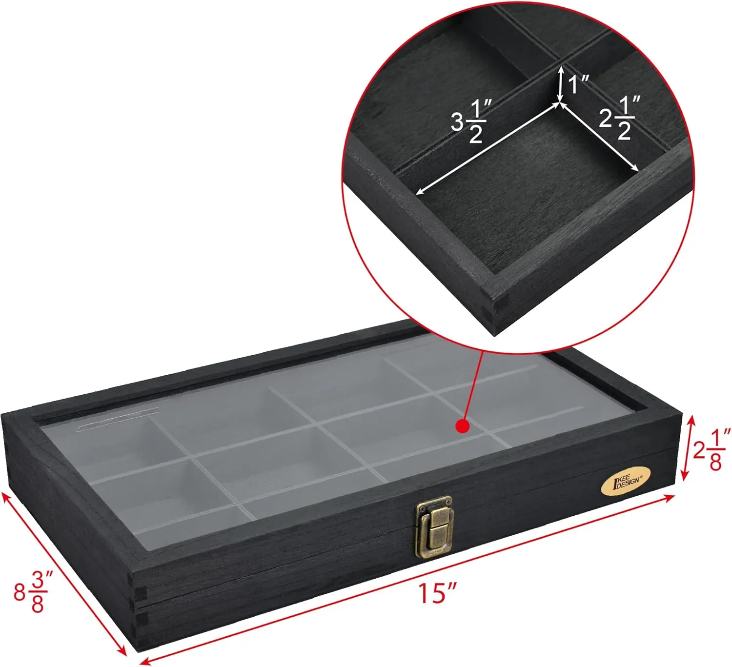 Ikee Design Elegant Wooden Jewelry Storage Tray Box with Glass Lid-12 Compartments-Ideal for Rings,Bracelets,Gems Stone and Small Accessories- Rustic Metal Clasp- Black Color